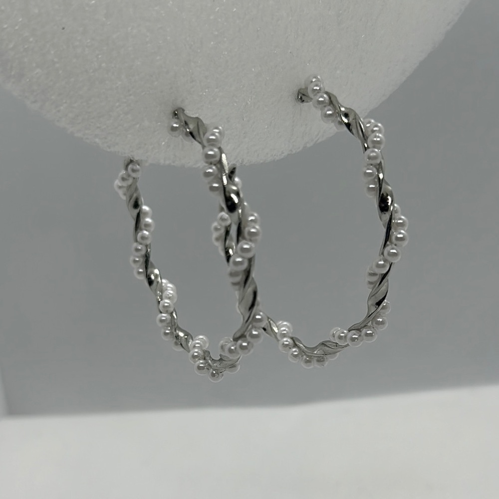 Silver Twisted Hoop Earrings with Faux Pearls - 2" Diameter - Brand New